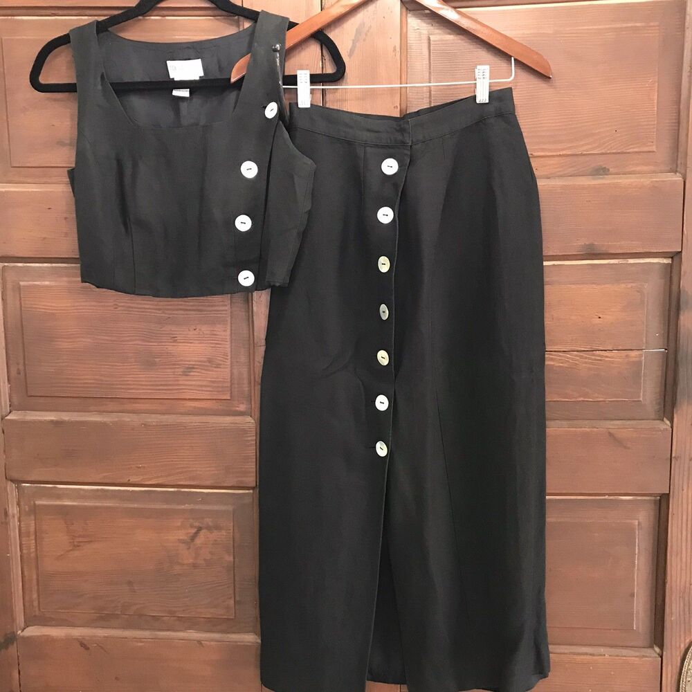Moda Spiegel VTG Black Square-Neck Button Side Crop Top And Skirt Linen BlenD 4